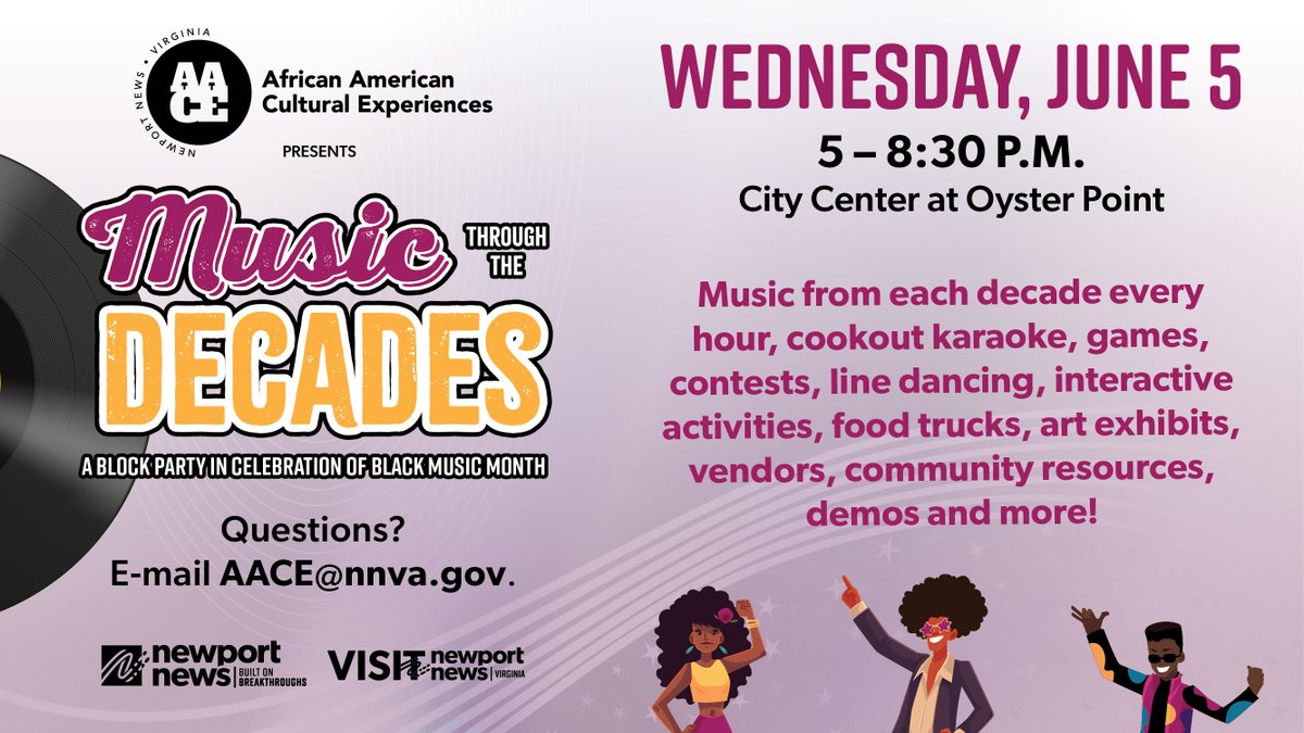 Join us for our first African American Cultural Experiences (AACE) special event, Music Through the Decades, on Wed., June 5 from 5-8:30pm at City Center! We’ll be celebrating Black Music Month with a variety of fun activities!🎶 Learn more about AACE at newport-news.org/aace.