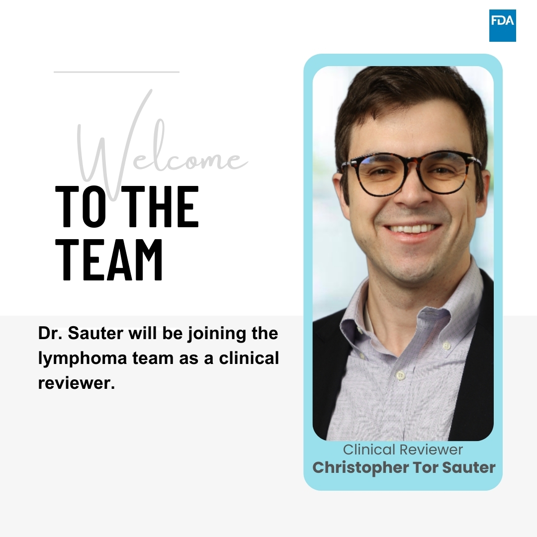 FDA Oncology (@fdaoncology) on Twitter photo OCE welcomes Christopher Tor Sauter <a href="/TorSauterMD/">C. Tor Sauter</a> to the DHM2 lymphoma team! He obtained his medical degree <a href="/EmoryMedicine/">Emory School of Medicine</a> and did internal medicine residency and Hematology/Oncology Fellowship <a href="/PennMedicine/">Penn Medicine</a>. He enjoys hiking, camping & canoeing with his wife and kids.
#OCECareers OCE welcomes Christopher Tor Sauter <a href="/TorSauterMD/">C. Tor Sauter</a> to the DHM2 lymphoma team! He obtained his medical degree <a href="/EmoryMedicine/">Emory School of Medicine</a> and did internal medicine residency and Hematology/Oncology Fellowship <a href="/PennMedicine/">Penn Medicine</a>. He enjoys hiking, camping & canoeing with his wife and kids.
#OCECareers