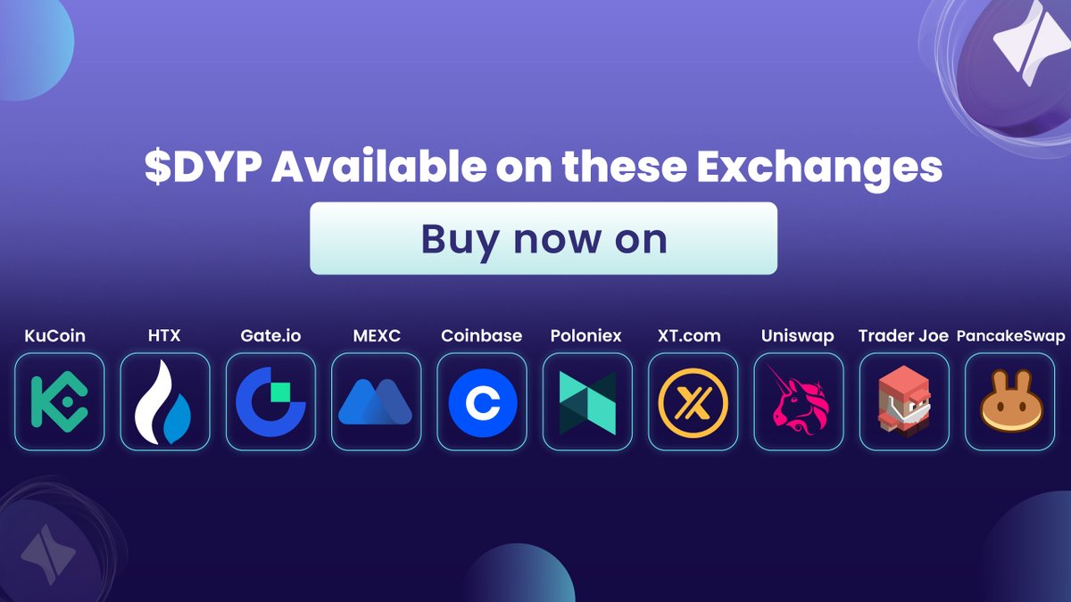 🔥 $DYP available on 10 exchanges! 

Trade #DYP on multiple platforms, expanding its accessibility to a diverse global audience. 

➡️ Check out the markets here: app.dypius.com/buydyp