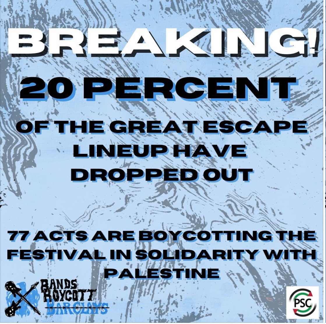 #BoycottTGE #BoycottBarclays 
6️⃣ more acts have so far pulled out of Brighton's @thegreatescape festival just today!
Will there be anyone left by the opening on Wednesday?