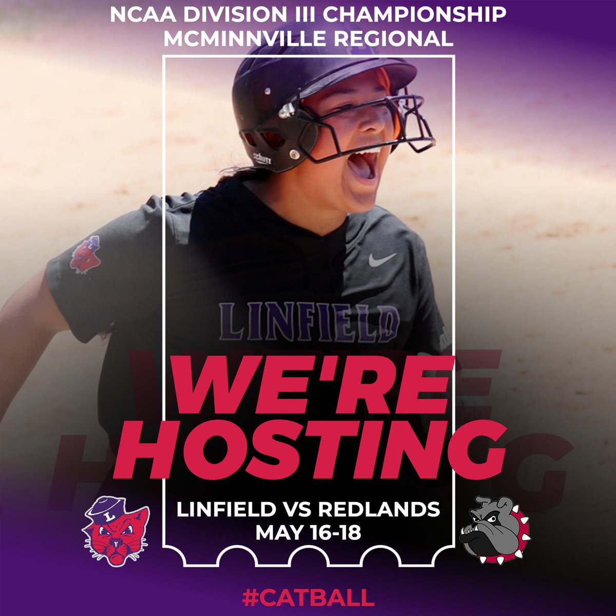 The NCAA Regional returns to McMinnville!🟣🥎🏆

No. 1 Linfield will host SCIAC champion Redlands in a best-of-5 series beginning Thursday, May 16.

Read more at: bit.ly/3QKcOLc 

#RollCats | #Catball | #d3sb
