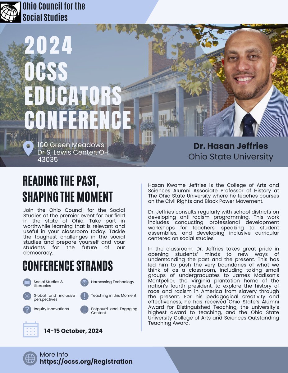 Learn more about 2024 OCSS Educators Conference speaker @ProfJeffries! Follow the link below to sign up and ensure your spot to hear Dr. Jeffries speak and take advantage of all of the exciting opportunities and resources! #SocialStudies #OCSS2024 ocss.org/Registration