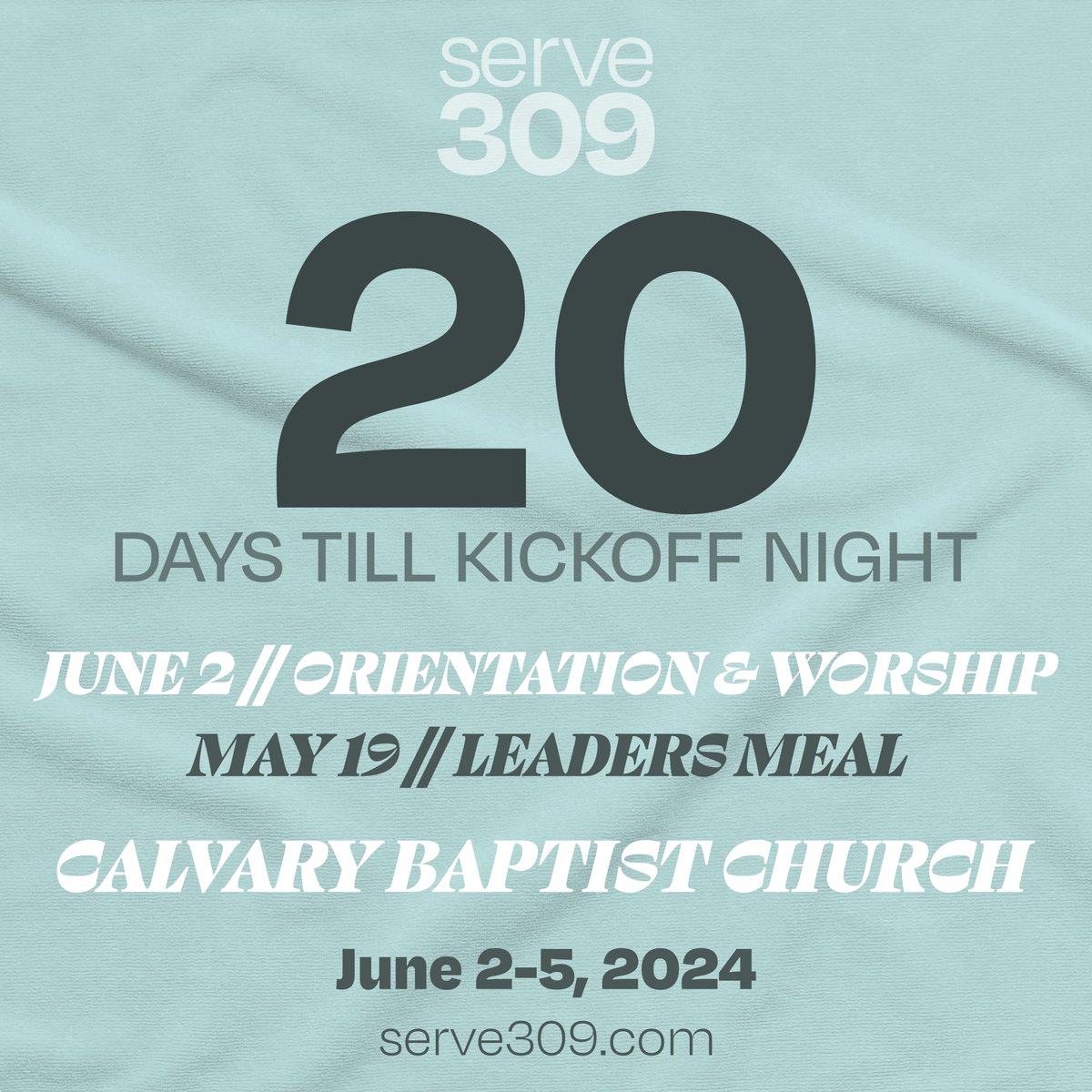 serve_309's tweet photo. We are just 20 days away from the beginning of Serve309 - 2024, and we are pumped!

This Sunday, May 19, is our Final Adult Leaders meeting at 6 PM.

Worship begins at 6 PM on Sunday, June 2! https://t.co/u3r772Z3Yz