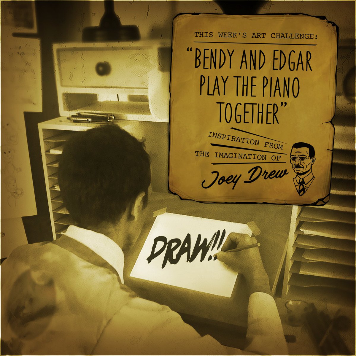 Bendy's tweet image. You gotta hear THIS duet! Let’s see your artist’s interpretation! 🎨🖌️

This week’s art challenge has been placed on your desk. Go!
#JoeysArtChallenge