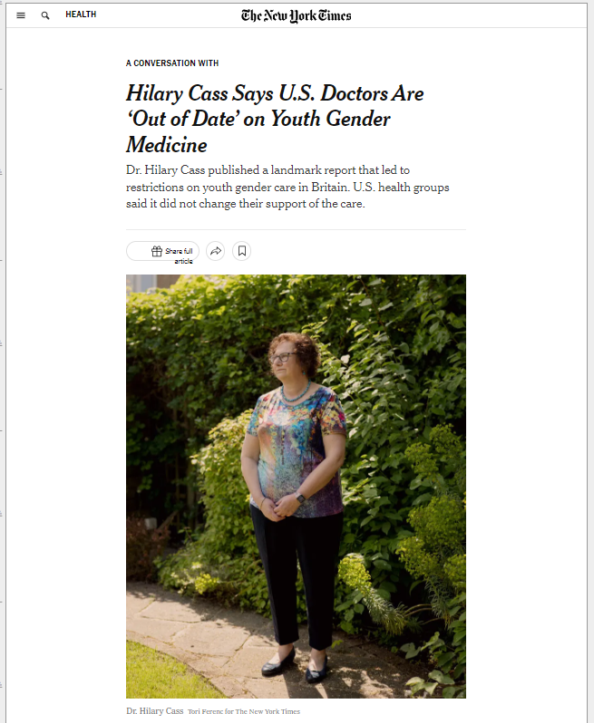 Hilary Cass Says U.S. Doctors Are ‘Out of Date’ on Youth Gender Medicine - NEW Interview with The New York Times @nytimes to Dr. Hilary Cass: Have you heard from the A.A.P. [The American Academy of Pediatrics] since your report was published? Dr. Cass: They haven’t contacted us