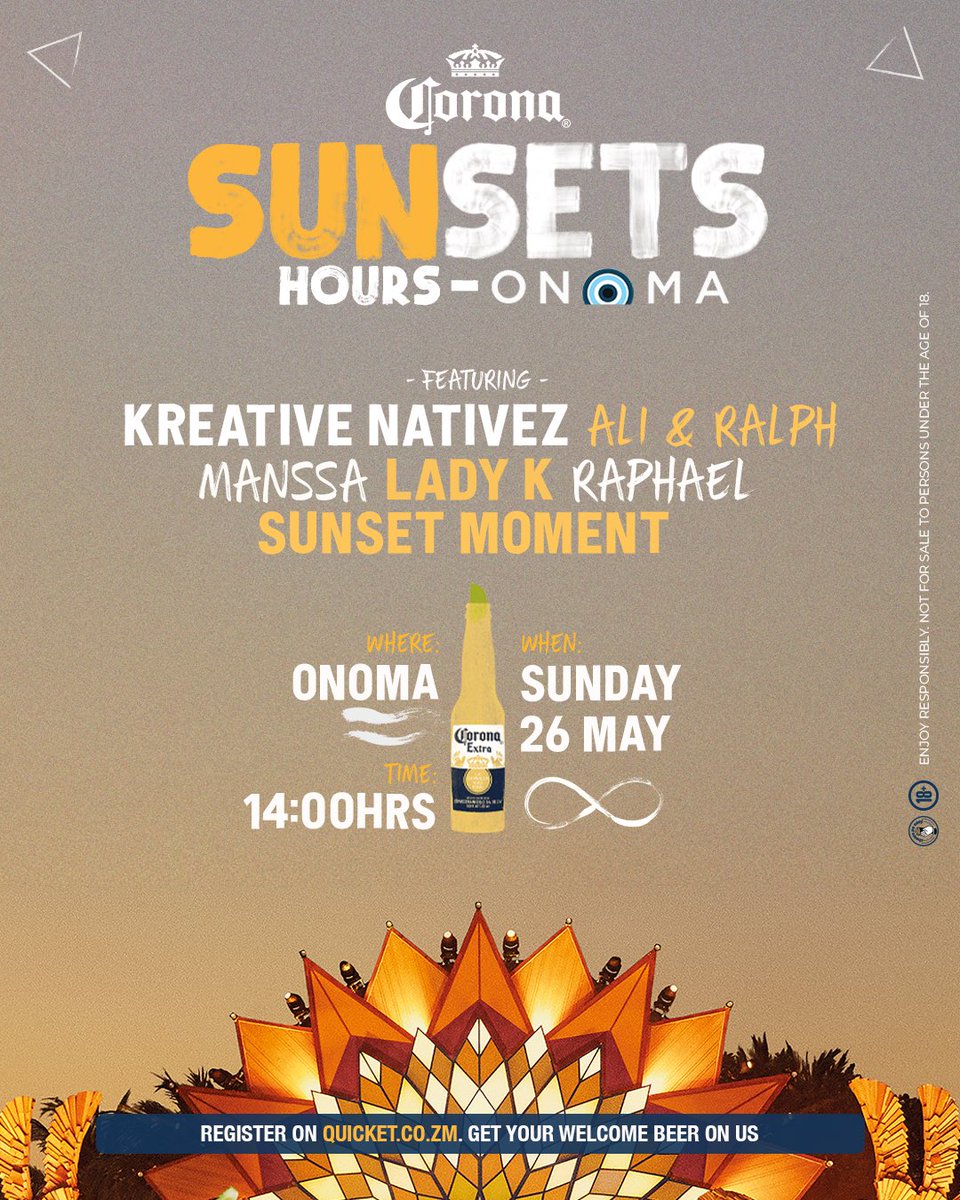 We Are Back Again 🙌🏾 Sunset Hours 🌅 Where Every Moment Sets The Stage For Relaxation & Good Vibes 🤘🏾Ready To Kickback & Chill In Style?
 
Sunday 26th May At #Onoma (Rhodes Park Lagos Road) 😉 Come Through With Your Tribe

#CoronaSunsetsHours #ThisIsLiving #CoronaSunsets #Zambia