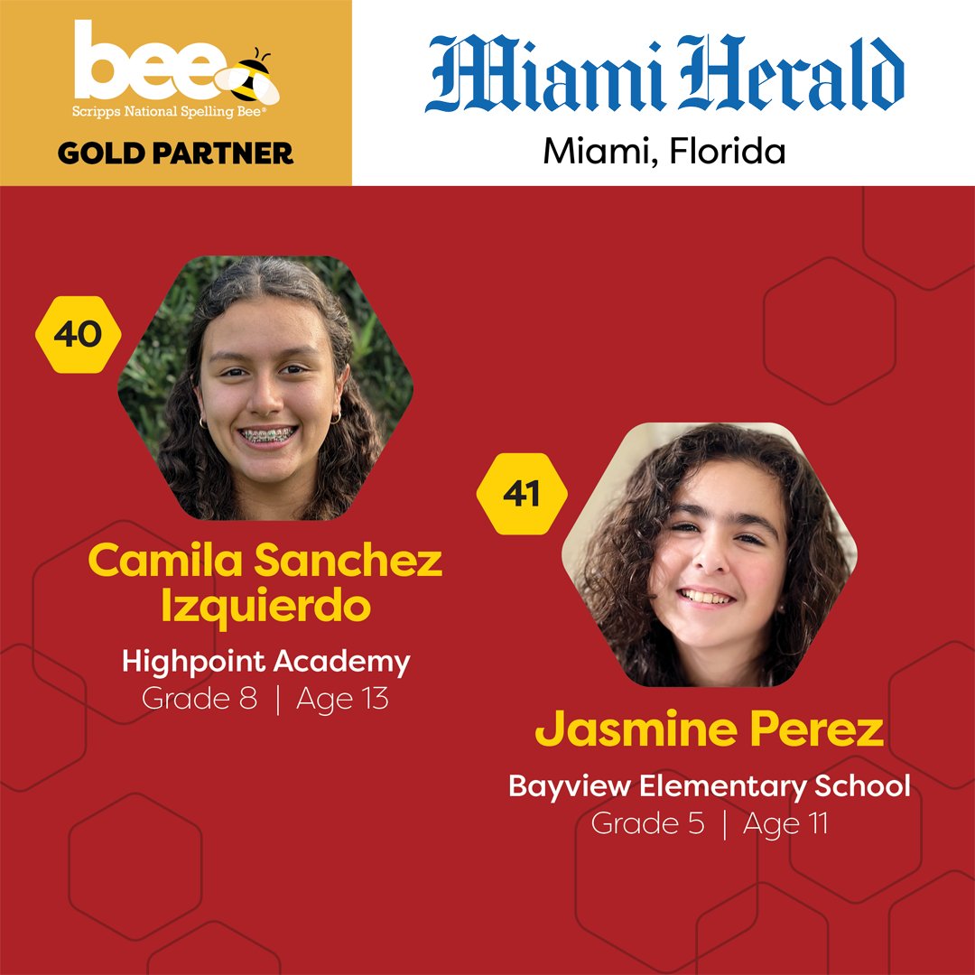 Just 15 more days until the start of the Bee! Congratulations to Adyson, June, Evan, Camila and Jasmine for making it! Thank you to our Regional Partners: Macomb Intermediate School District – @MarylandSports – McHenry County Regional Office of Education – @MiamiHerald