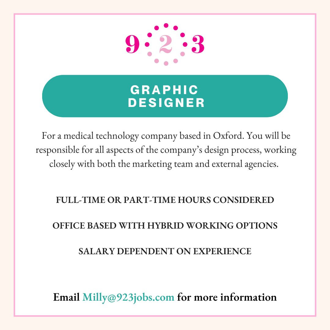 ⭐️JOB SHOUT OUT⭐️

Graphic Designer to join a medical technology company.

🔸Full-time or part-time
🔸Office in Oxford
🔸Hybrid working options available
🔸Salary dependent on experience

👉 Milly@923jobs.com

#graphicdesignjobs #graphicdesign #flexiblejobs #oxfordjobs