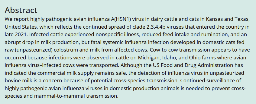 (1/n) CDC: Highly Pathogenic Avian Influenza A(H5N1) Clade 2.3.4.4b Virus Infection in Domestic Dairy Cattle and Cats, United States, 2024
wwwnc.cdc.gov/eid/article/30…