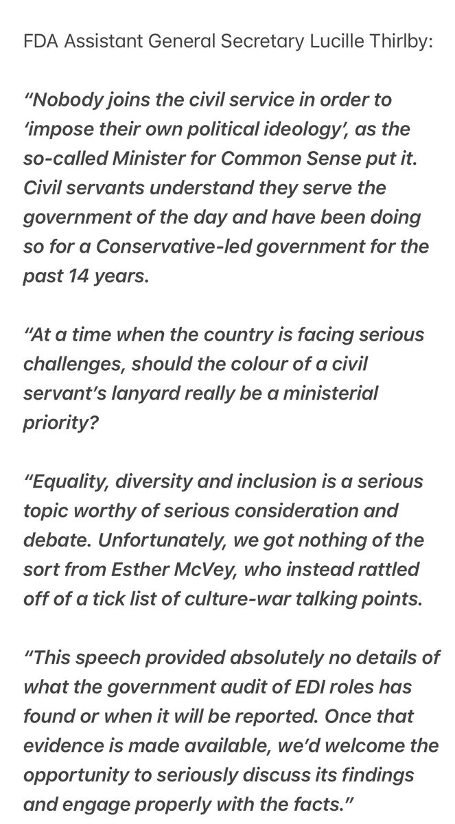 Response from the FDA Union… Assistant General Sec. Lucille Thirlby:   “Nobody joins the civil service in order to ‘impose their own political ideology’.. when the country is facing challenges, should the colour of a civil servant’s lanyard really be a ministerial priority?”