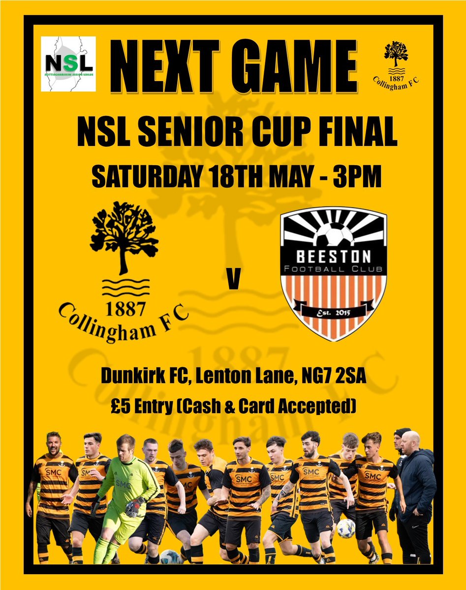 ⚫️🟡🏆ITS CUP FINAL WEEK! 🏆⚫️🟡 This Saturday is final game of the 2023/24 season and its the @NottsSeniorLge senior cup final vs @BeestonFC1st Be great to get as many as possible to Dunkirk to support the lads as they look to finish a great season with a trophy ⚫🟡⚽🏆