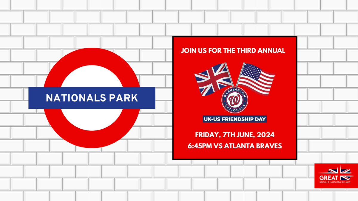 📅 Mark your calendars! The third annual UK-US Friendship Day with the Washington @Nationals will be Friday, 7th June⚾️ Find out more and get your tickets⬇️ mlb.com/nationals/tick…