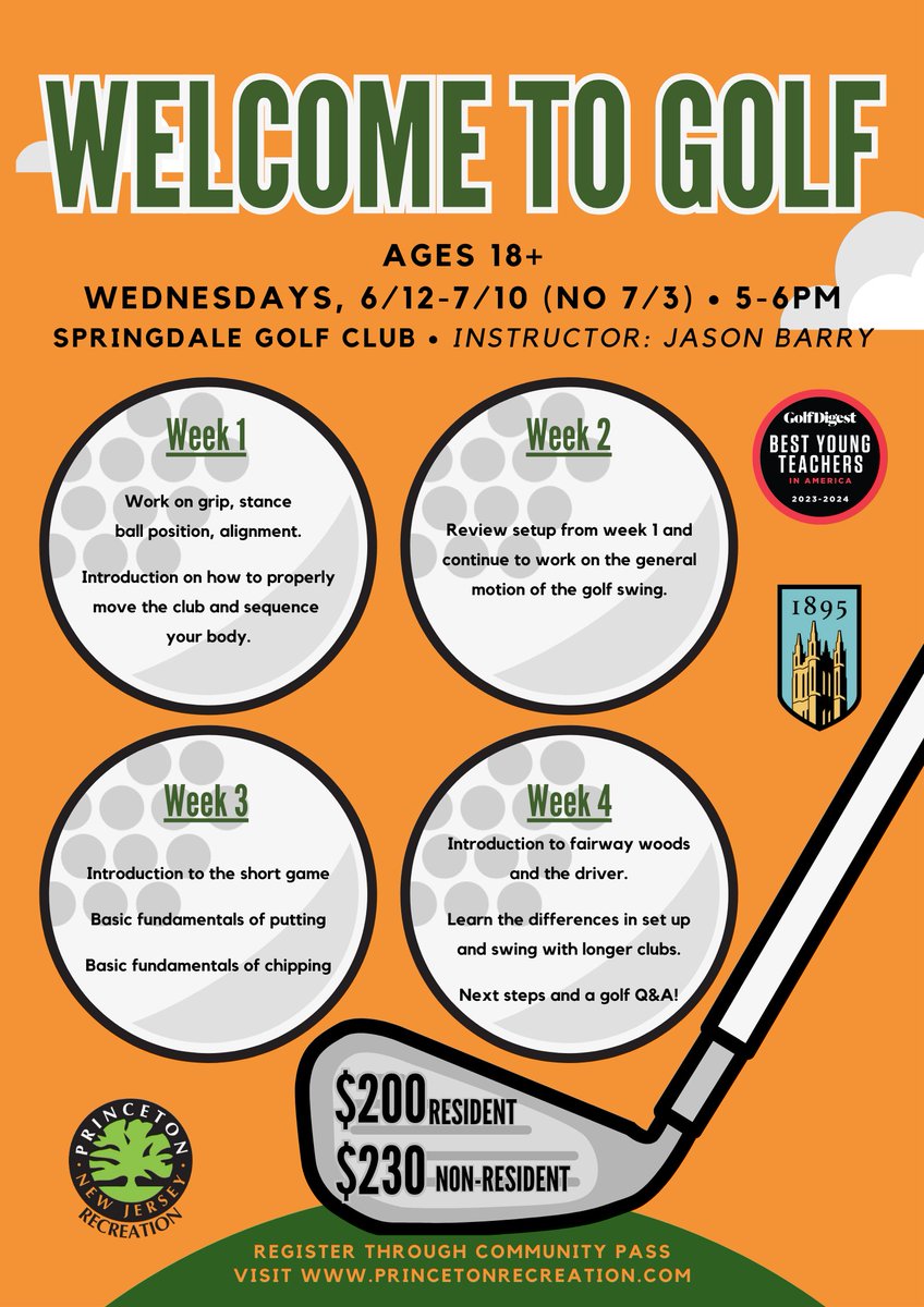 PrincetonRec's tweet photo. Swing into summer with our upcoming adult golf programs at @springdale_gc with @JasonBarryGolf.  

 ⛳️For More Info: https://t.co/qiamUsMzsk
🏌️‍♂️To Register: https://t.co/y9wn194UHP under "2024 Fitness Classes"

@PrincetonNJ_Gov https://t.co/kOsz0WJp3v