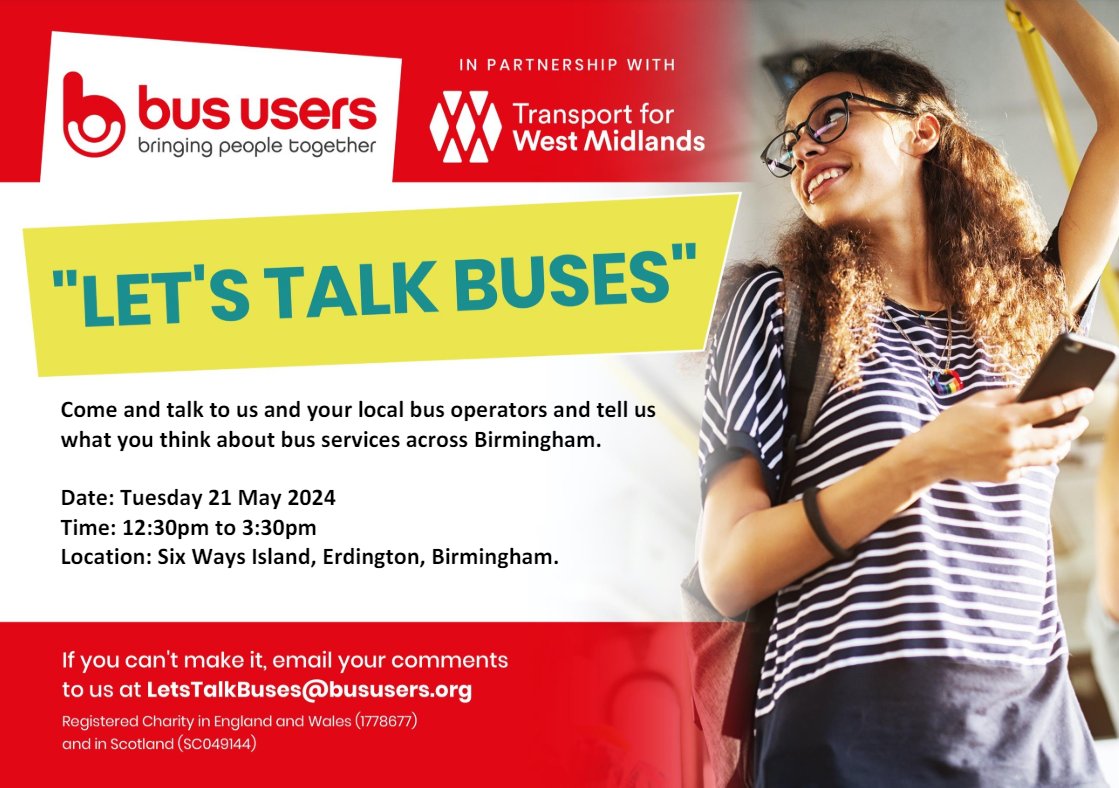 Join us and @TransportForWM in Erdington on Tuesday 21 May from 12pm to 3.30pm to hear what you have to say about local bus services and share ideas on how to get more people on board! #LetsTalkBuses #Erdington
