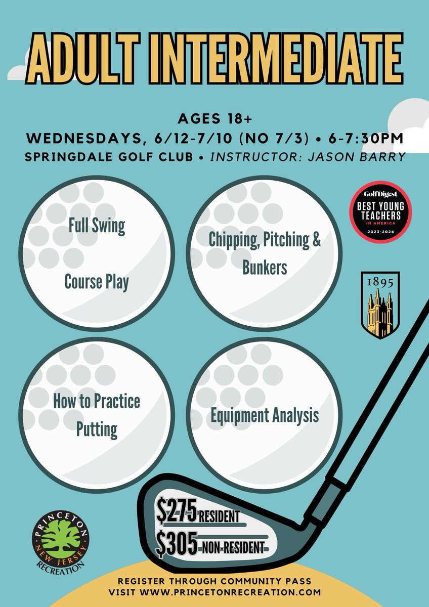 PrincetonRec's tweet photo. Swing into summer with our upcoming adult golf programs at @springdale_gc with @JasonBarryGolf.  

 ⛳️For More Info: https://t.co/qiamUsMzsk
🏌️‍♂️To Register: https://t.co/y9wn194UHP under "2024 Fitness Classes"

@PrincetonNJ_Gov https://t.co/kOsz0WJp3v