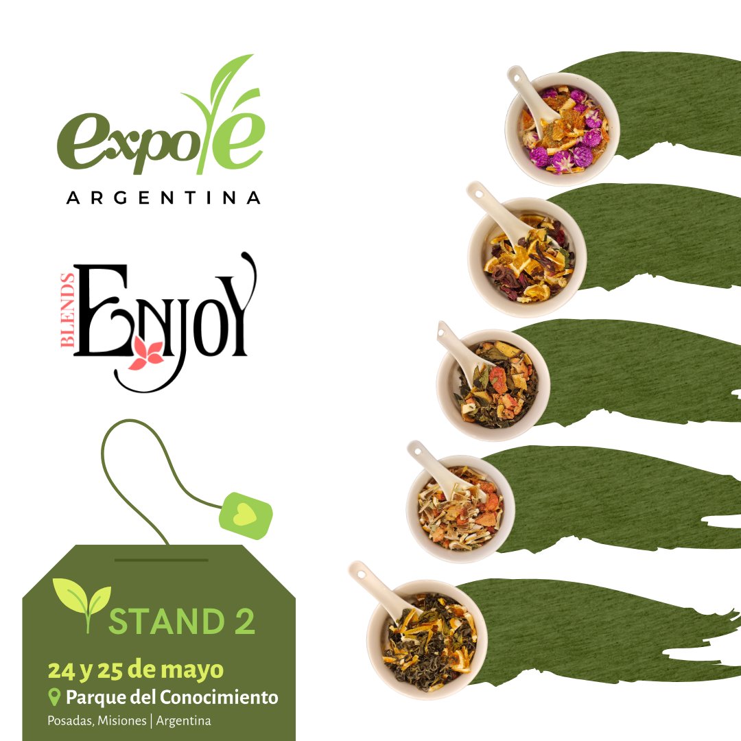 enjoyblends's tweet photo. ¡Prepárense para una experiencia única en la Expo Té Argentina! 🍵 Estaremos en el stand 2, así que no olvides visitarnos los días 24 y 25 de mayo en el Parque del Conocimiento de Posadas, Misiones. ¡La entrada es libre y gratuita! #ExpoTéArgentina #EnjoyBlends https://t.co/B1jCAq093Z