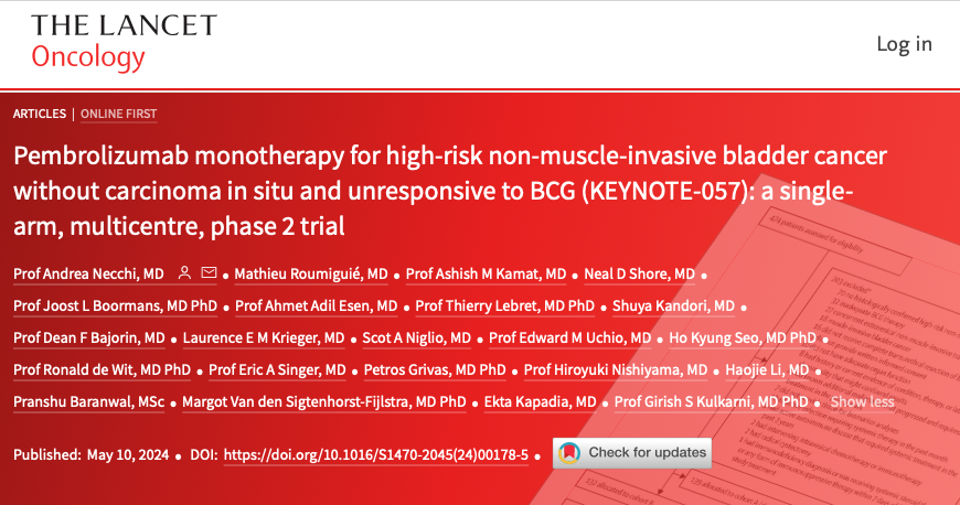 KEYNOTE-057 JUST OUT on @TheLancetOncol Investigates pembrolizumab 🧪efficacy and safety in BCG-unresponsive high-risk non-muscle-invasive #BladderCancer ineligible for or refusing radical cystectomy ✅Revealing in cohort B (papillary tumors without carcinoma in situ) a…