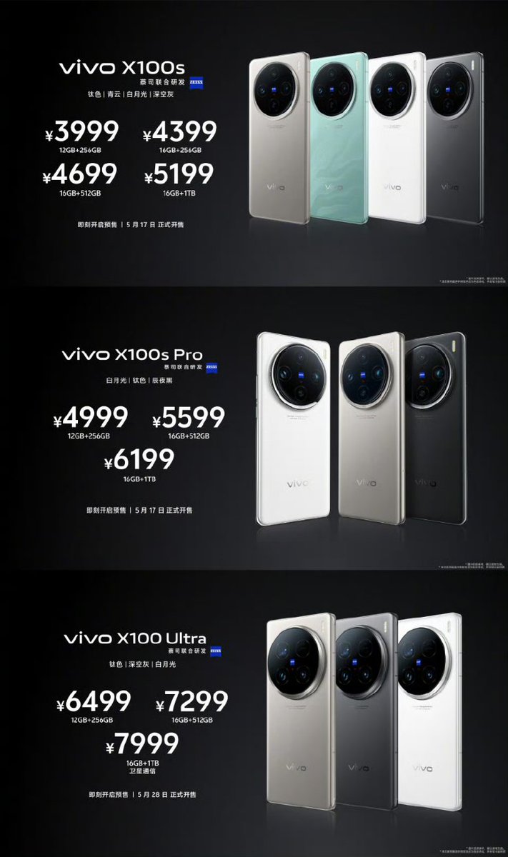 Here's all the prices for the new #vivoX100s, #vivoX100sPro, #vivoX100Ultra. #vivo #launch