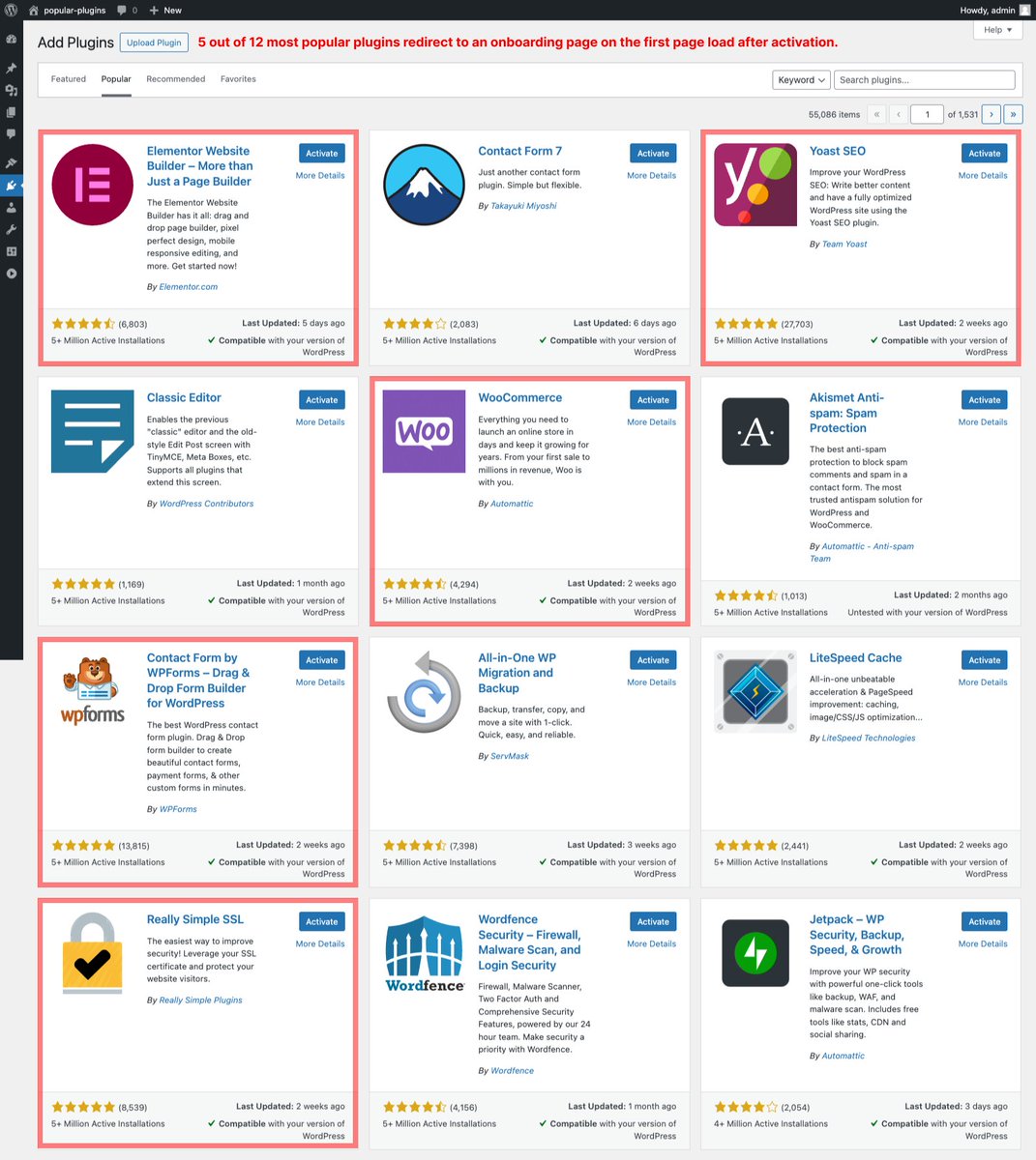 5 out of the 12 most popular WordPress plugins redirect users to an onboarding page after activation. There is no difference in presentation between plugins that do and do not redirect. New users can only guess.

Help us improve the usability on Trac: core.trac.wordpress.org/ticket/61040#c…
