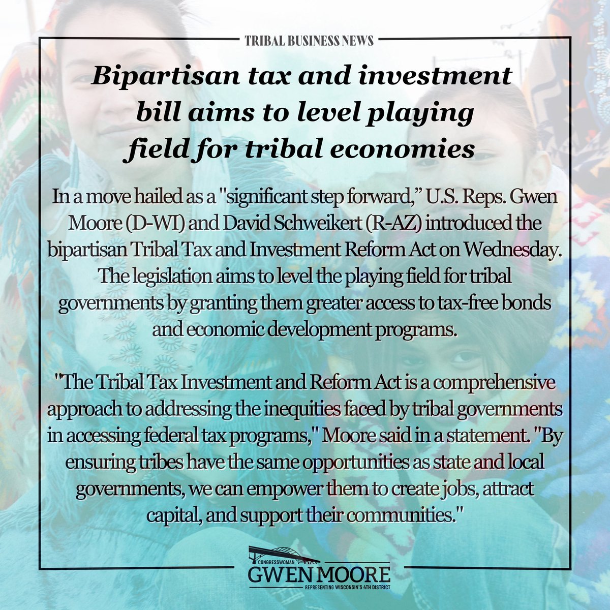 It isn't fair for tribal nations to face undue burdens when it comes to accessing incentives in our tax code compared to state & local governments.   My bipartisan legislation w/ @RepDavid would remove barriers that have prevented their ability to create economic opportunity.