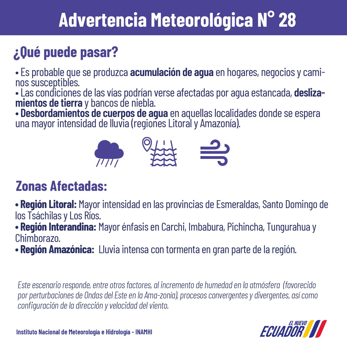 inamhi_ec's tweet photo. ⚠️#AdvertenciaMeteorológica 28 | Entre el 13 y el 17 de mayo; se prevé precipitaciones de alta intensidad con tormentas en gran parte de la región Amazónica, incidiendo al Callejón Interandino, con mayor énfasis en localidades del centro y norte 🌧️⛈️
Mayor información 👇 https://t.co/jkiuUQAC3i