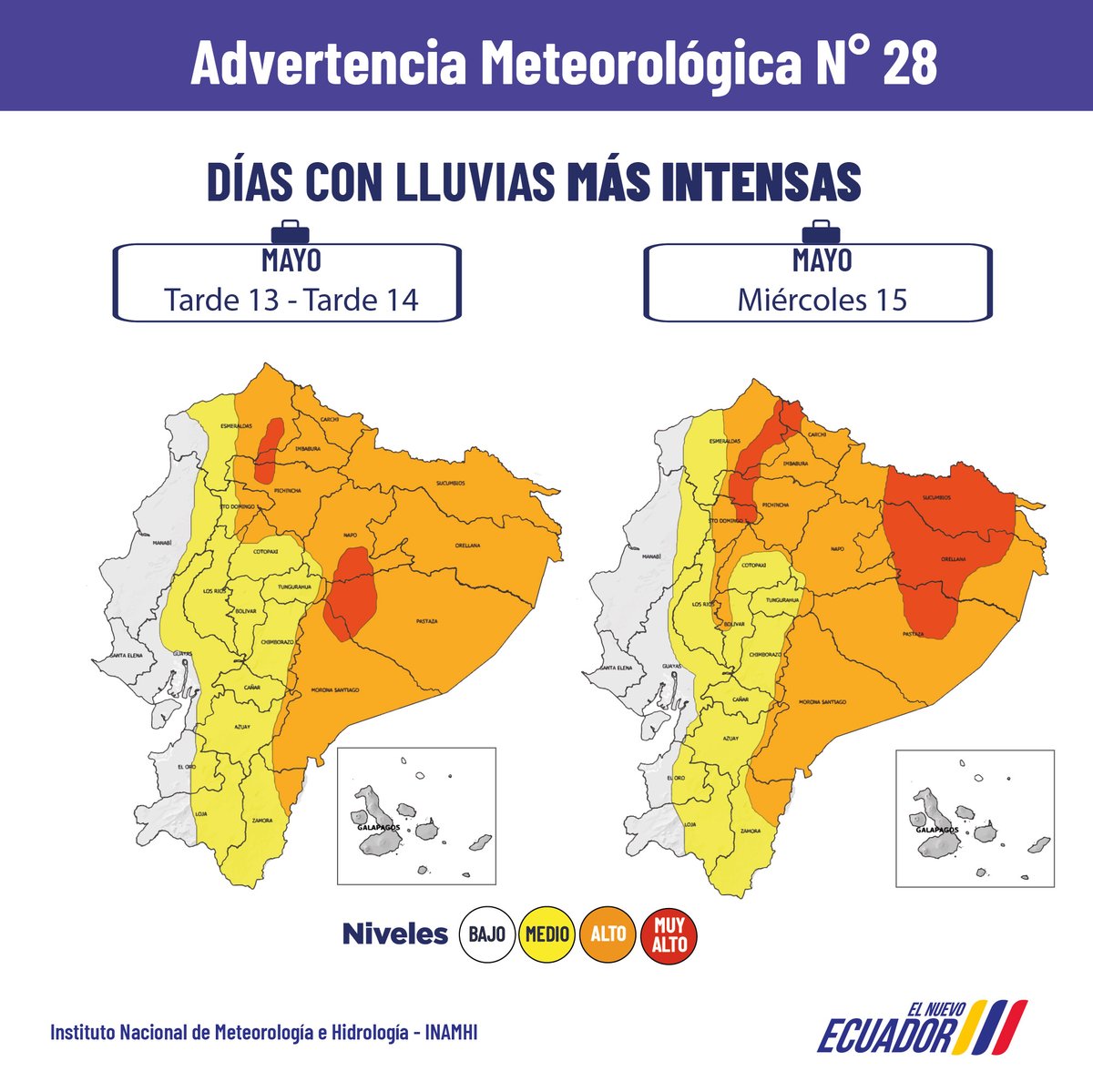 inamhi_ec's tweet photo. ⚠️#AdvertenciaMeteorológica 28 | Entre el 13 y el 17 de mayo; se prevé precipitaciones de alta intensidad con tormentas en gran parte de la región Amazónica, incidiendo al Callejón Interandino, con mayor énfasis en localidades del centro y norte 🌧️⛈️
Mayor información 👇 https://t.co/jkiuUQAC3i