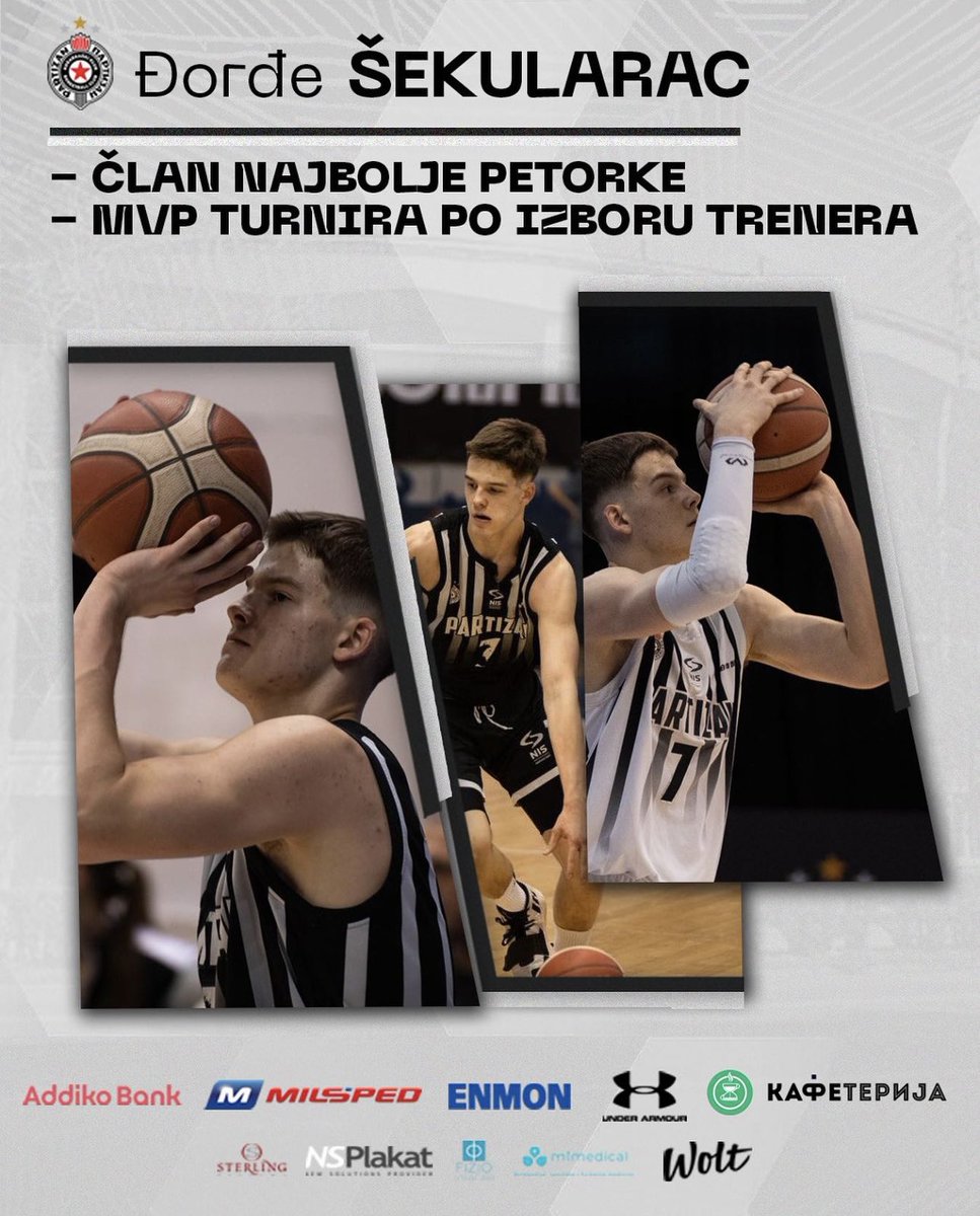 PartizanBC's tweet photo. Naš kadet, Đorde Šekularac odabran je za najkorisnijeg igrača od strane trenera na završnom turniru Triglav kadetske lige Srbije 2024. godine!🙌🏽🖤🤍
On je takođe bio i član najbolje petorke lige. Bravo Đorde!✊🏽
#PartizanKids #NapredPartizan https://t.co/674RjE5Z48