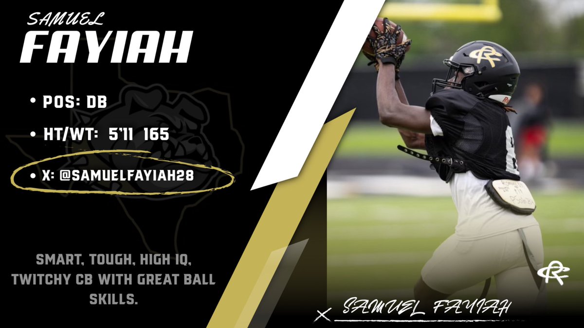 Royse City Football (@rc_bulldogs) on Twitter photo 🚨COLLEGE COACHES🚨
‘25.. 5’11” 165 DB <a href="/samuelfayiah28/">Samuel “samsam” Fayiah 🇱🇷</a> is one of the most intelligent and coachable football players on the field. Twitchy, high IQ CB with great ball skills!
#RecruitTheCity 🚨COLLEGE COACHES🚨
‘25.. 5’11” 165 DB <a href="/samuelfayiah28/">Samuel “samsam” Fayiah 🇱🇷</a> is one of the most intelligent and coachable football players on the field. Twitchy, high IQ CB with great ball skills!
#RecruitTheCity