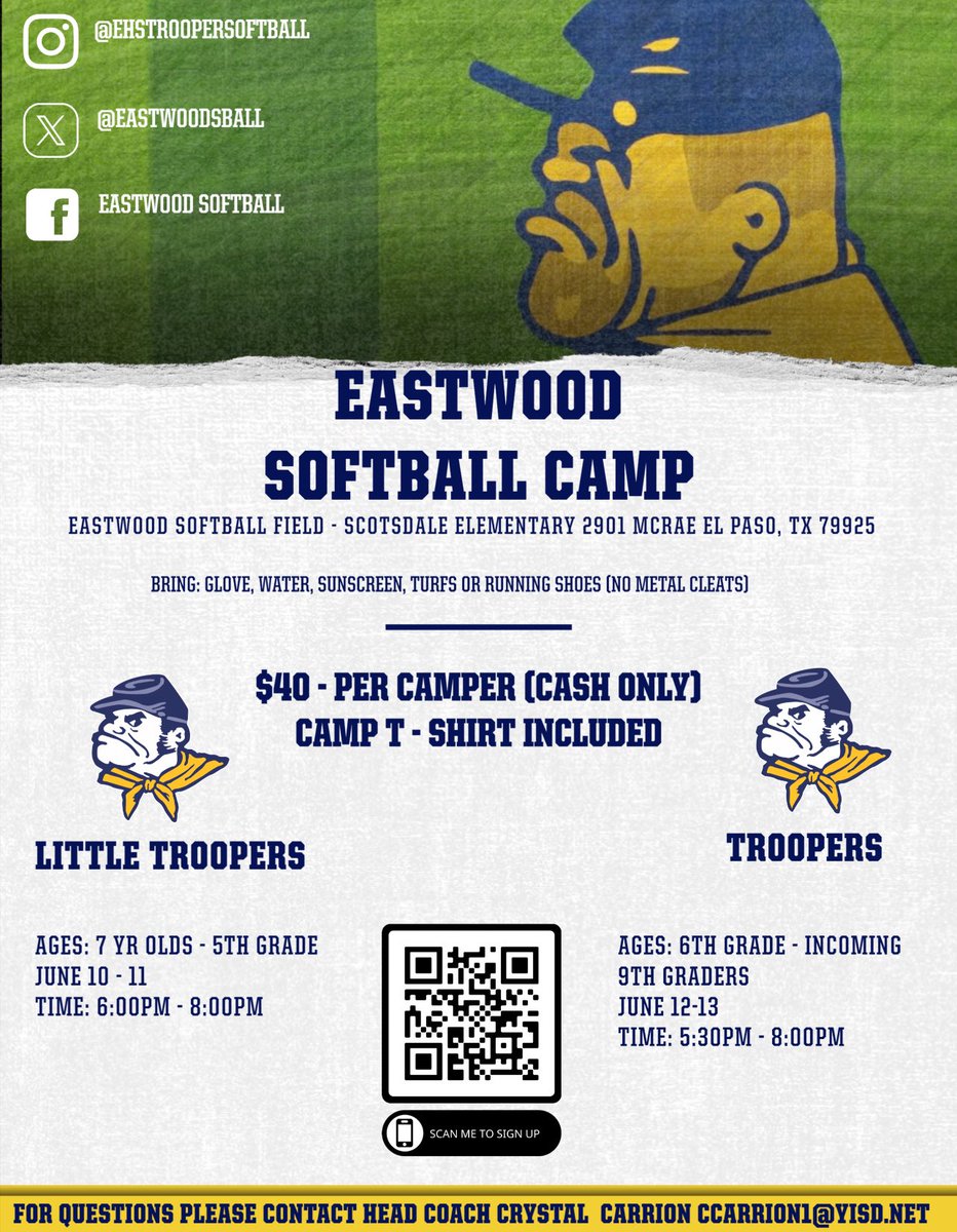 EastwoodSBall's tweet photo. It’s that time of year! Slide into your summer at Softball Camp! 💙🥎💛

This year there will be 2 camps split up by age groups! 

AGES: 7 years old - 5th Graders

AGES: 6th Graders - Incoming Freshman

More info on our flyer 

Register now online:

https://t.co/QA2LI3dZxU https://t.co/aHuzD2tjzT
