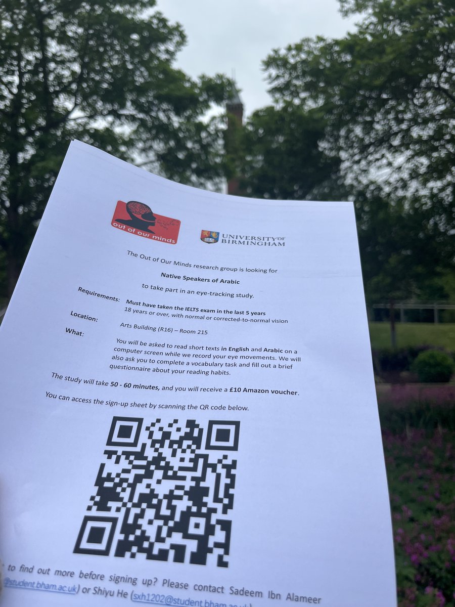 ShiyuHe1's tweet photo. 📢 Arabic native readers wanted! Join @ooominds @sadeem_s_a and me for a 1-hour eye-tracking study at the University of Birmingham. Earn a £10 voucher! 🎓👀 Sign up and have fun! #ReadingStudy #EyeTracking https://t.co/wfkIKo2P0j