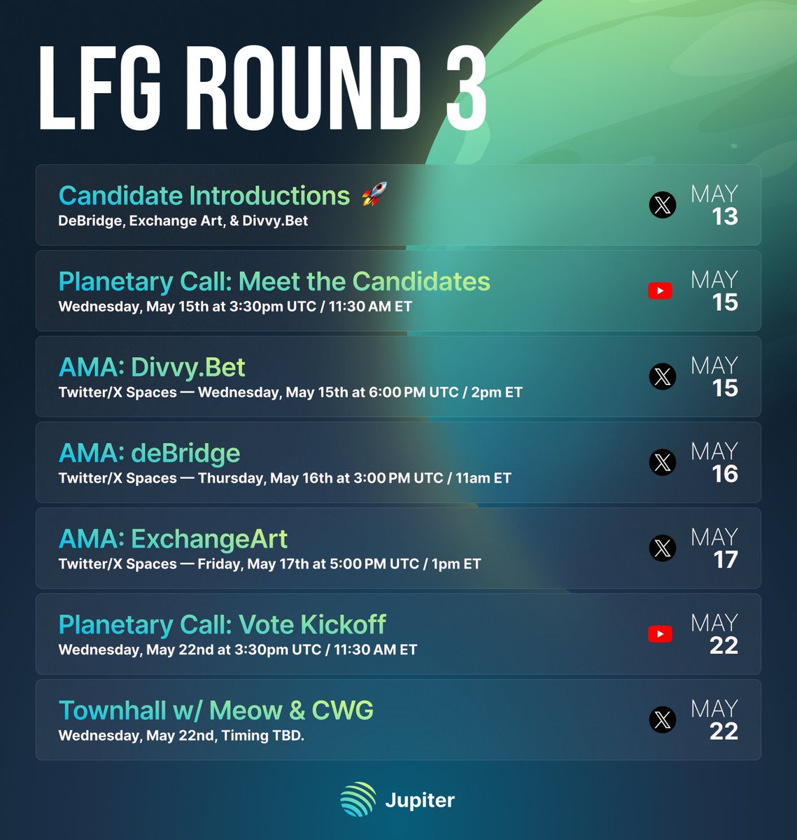 Introducing the candidates for LFG Round 3: @deBridgeFinance, <a href="/DivvyBet/">Divvy.Bet</a>, &amp; @ExchgART 🚀

They're going to be answering your questions, sharing their plans, and trying to win your support over the next 9 days

Then, on May 22nd, it's time to vote!

More about each team below 👇
