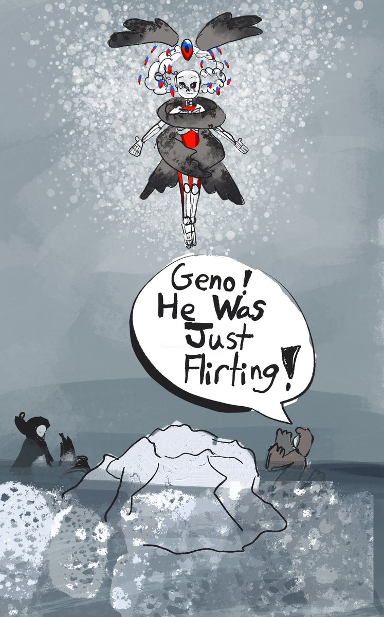 Oatslemonade's tweet photo. Pages5+6 the end
Slightly suggestive joke, bone pun.
The only thing I "own" is Fallen Selkie Geno. In this joke set up, Blue is a regular Selkie/Fallen Angel descendant with very little Fallen Angel "blood" in him. #levithantale ##Reapersans #geno https://t.co/8h5EHHJY4E