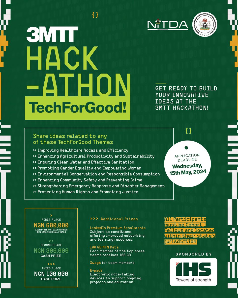 Hey Cohort 1 Fellows! Excited to innovate? There's still time to participate in the #3MTTHackathon! Applications are open until Wednesday, May 15th so apply now and make a difference! 

b.link/3MTT-HACKATHON

#TechForGood