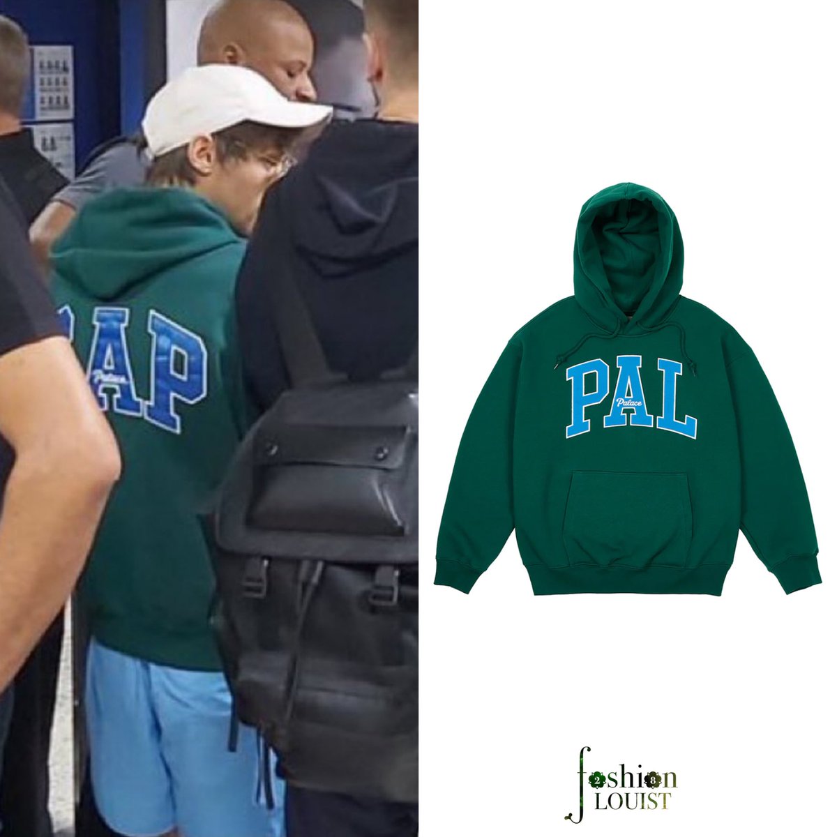 Louis is wearing a Palace x Gap Hoodie in Rain Forest Green at the Louis is wearing a Palace x Gap Hoodie in Rain Forest Green at the