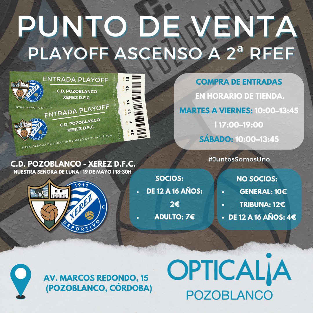 🚨 𝗣𝗨𝗡𝗧𝗢 𝗗𝗘 𝗩𝗘𝗡𝗧𝗔 🚨
🎟 ¡Ya puedes comprar tu entrada para el encuentro de playoff frente al <a href="/XerezDFC/">XEREZ DEPORTIVO</a> en la tienda de Opticalia.
🪪 Socios, obligatorio presentar el carnet.

📅 Domingo 19 de mayo
⏰ 18:30h
🏟️ Ntra. Señora de Luna
▶️ IDA DEL PLAYOFF
🆚 Xerez DFC