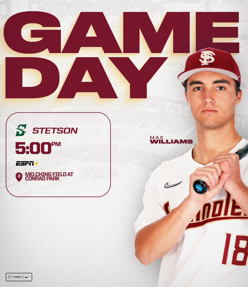 FSUBaseball's tweet photo. Final road game of the year tonight at 5:00
🆚 Stetson
🕔 5:00 PM
📍 DeLand, Fla.
📺 ESPN+
🎧 https://t.co/nWADZs5Eet
📊 https://t.co/huAf460eWK https://t.co/4Vc60rSxyP