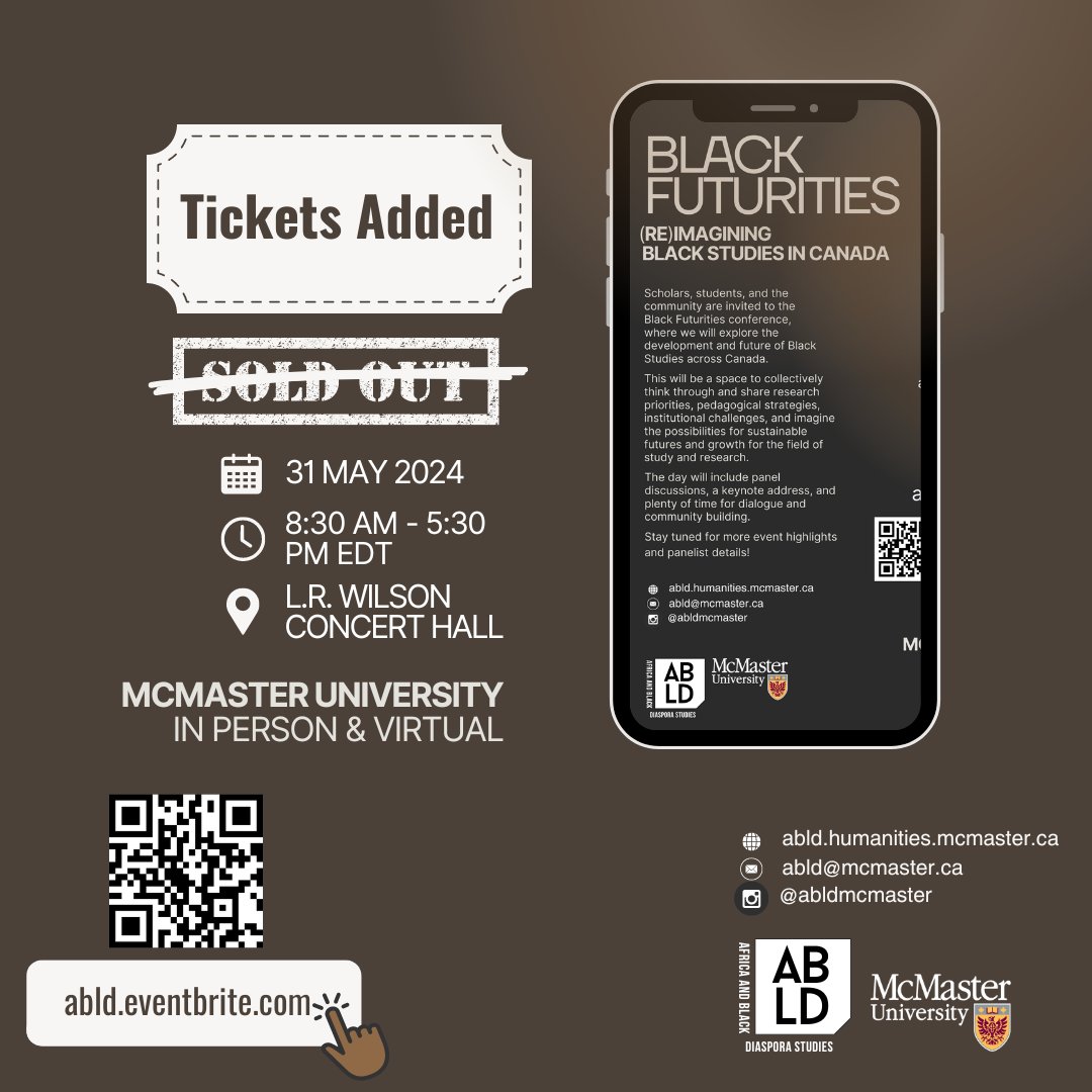 More tickets have just been added for the Black Futurities conference! Don't miss out on this incredible opportunity to join us. Register now while tickets last! 🎟️ #BlackFuturities2024 #RegisterNow #ABLDatMac #Blackstudies