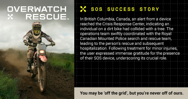 A dirt bike mishap in British Columbia, Canada, led to a rapid response from the #OverwatchxRescue #CrisisResponseCenter and the Royal Canadian Mounted Police, showcasing the power of technology and teamwork. Learn more at: overwatchxrescue.com