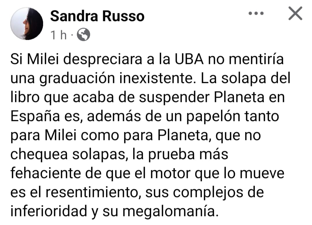 Milei-libro-Planeta: Sandra Russo @SandraRusso_ok #NoALaLeyBases #NoALasPrivatizaciones #NoAlDNU #ElPeorPresidenteDeLaHistoria #NoALaLeyDeBases #ElPeorGobiernoDeLaHistoria #FueraMilei