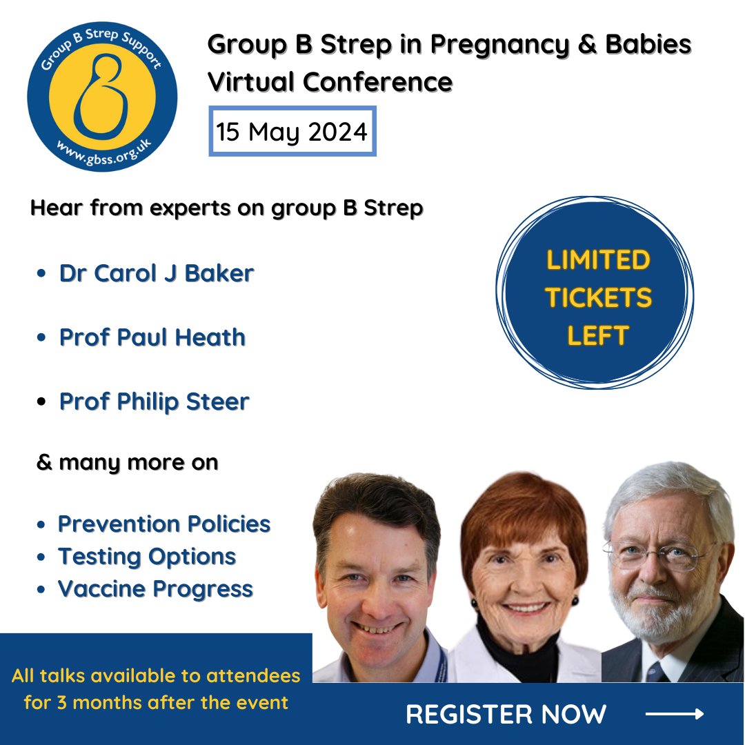 Join the Group B Strep in Pregnancy & Babies virtual conference on Wednesday 15 May 2024 for updates on #groupBStrep prevention, vaccines, treatment and the latest research - including the @GBS3trial Book now: bit.ly/GBSSConference… #midwives #obstetricians #microbiologists