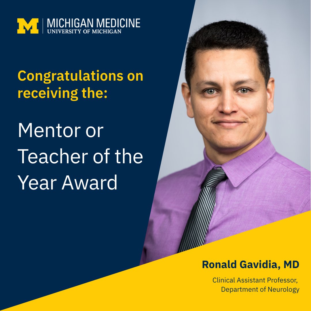 Congratulations to @RonGavidia on receiving a 2024 GME Mentor/Teacher of Year Award! Dr. Gavidia demonstrated deep commitment to fostering the growth & success of his mentees. He facilitated key collaboration between fellows and faculty, enhancing the program's strength. #GoBlue