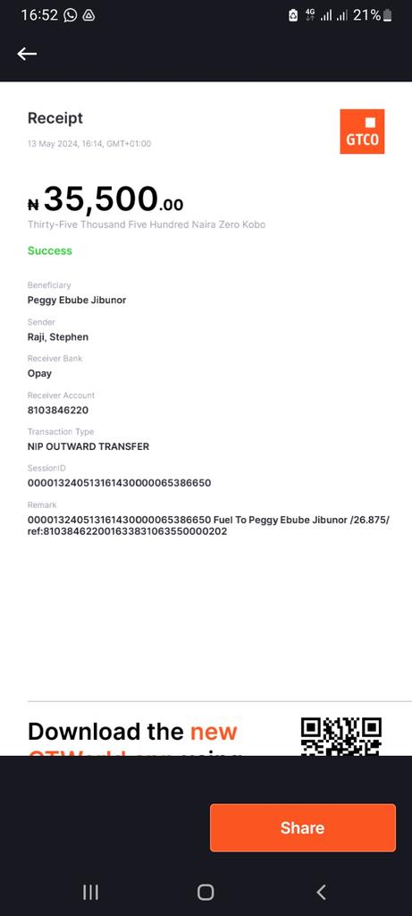 Steveraji's tweet photo. @OPay_NG Sent money from GTB to Opay, I was debited immediately and it's been almost 1  hour but the receiver hasn't received it. https://t.co/Jn9u3iZDIT