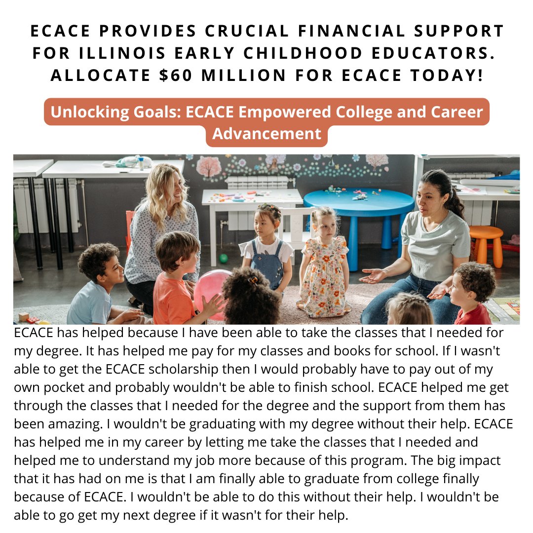 wethevillageil's tweet photo. Listen to ECACE Students.
Since 2021, 22% more students have pursued early childhood degrees. ECACE empowers student education and career advancement.
Support $60 Mil. for ECACE. Invest in an Equitable Future for Illinois' Kids. #ECACE, #WeTheVillageIL, #AllInForECEC https://t.co/4QjNIW52eL
