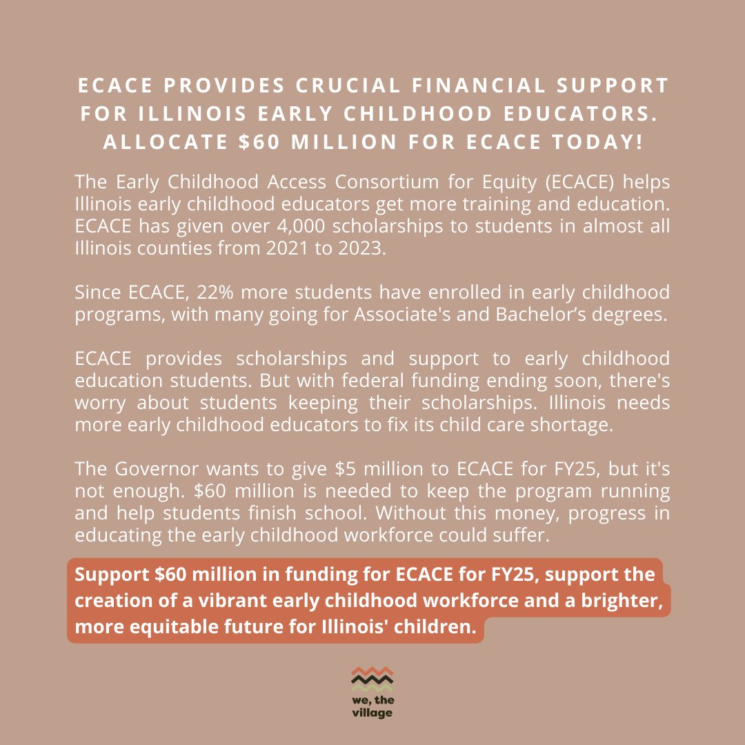 wethevillageil's tweet photo. Listen to ECACE Students.
Since 2021, 22% more students have pursued early childhood degrees. ECACE empowers student education and career advancement.
Support $60 Mil. for ECACE. Invest in an Equitable Future for Illinois' Kids. #ECACE, #WeTheVillageIL, #AllInForECEC https://t.co/4QjNIW52eL