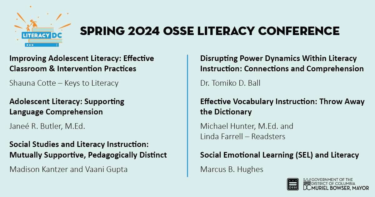 Are you an adolescent (Grades 4-12) educator or administrator? Our virtual Spring Literacy Convening on May 22 will have content for you! Join us for some of these sessions tailored to you. Register here: OSSELiteracy.vfairs.com #LiteracyDC