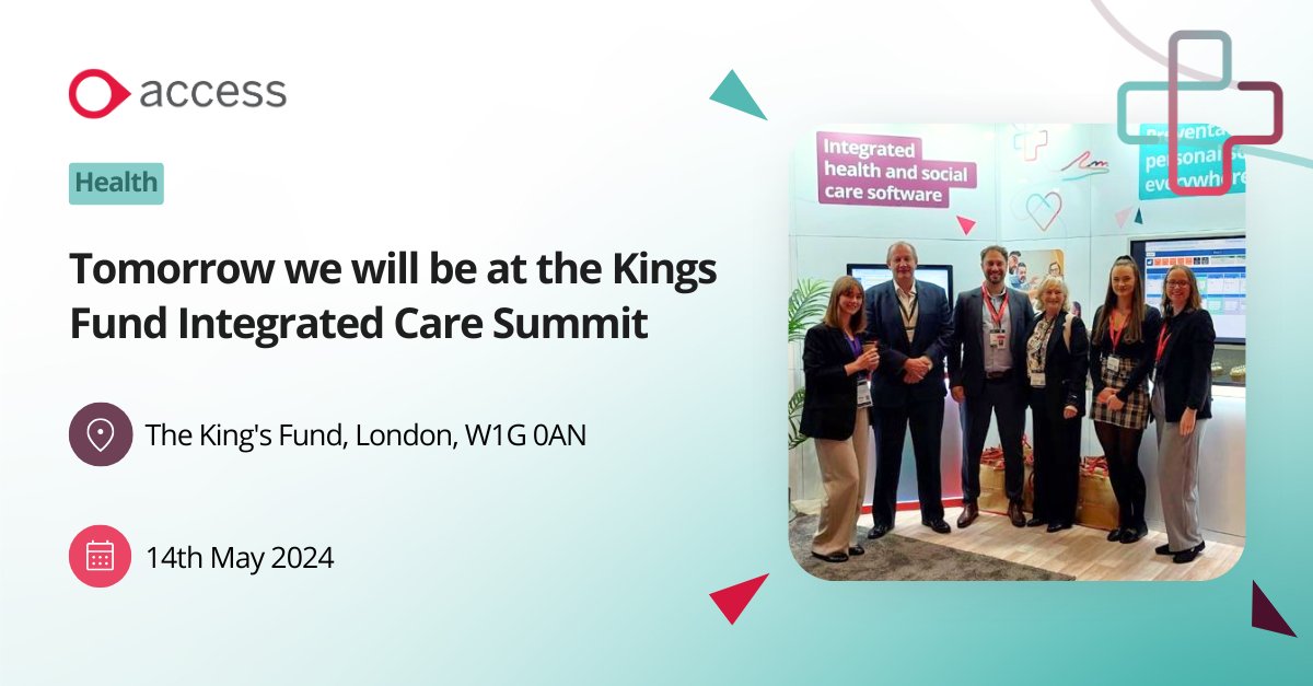 Tomorrow we will be attending @TheKingsFund Integrated Care Summit

Our Katherine, Ron, Joe and James will be there to talk all things about #IntegratedCare

Come by and have a chat with our team 😀

📌The King's Fund, London, W1G 0AN
📆14th May 2024

#AccessCare #AccessHSCEvents