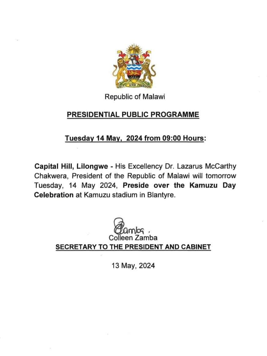 President Lazarus Chakwera will preside over Kamuzu Day celebrations at Kamuzu Stadium in Blantyre.