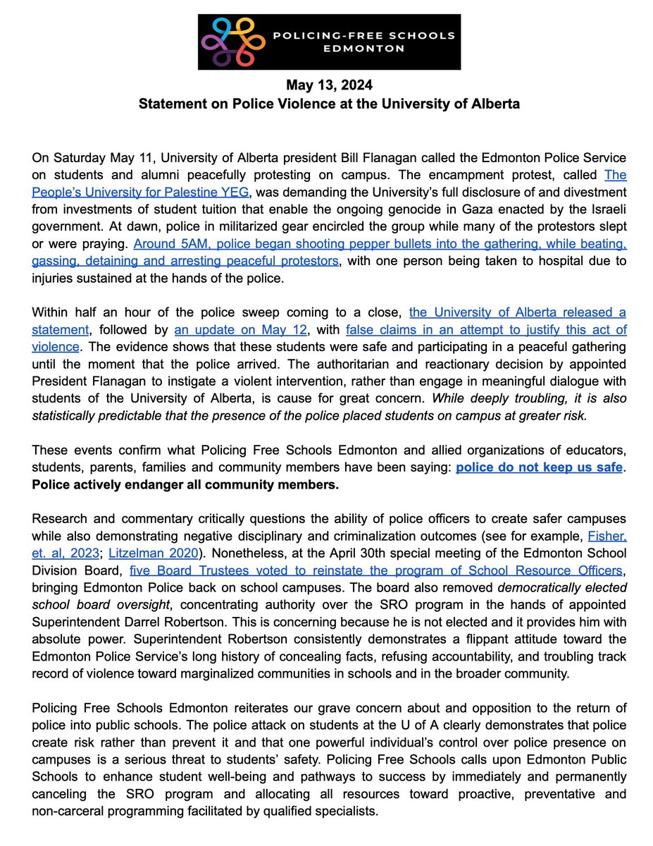 Our statement on the violent clearance of the People's University for Palestine student encampment at #UAlberta Police endanger student well-being on our campuses. @EPSBNews @EPSB_Super @JulieKusiek @UAlberta #yeg #abed #policingfreeschools full text: link.medium.com/qNAbMCpkzJb