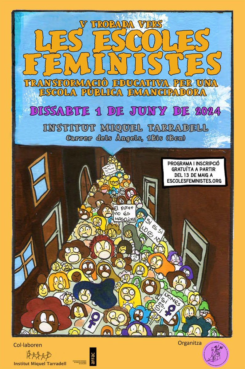 Inscripcions obertes per a la Cinquena Trobada vers les Escoles Feministes: escolesfeministes.org/cinquena-troba… 
Es faran el dissabte 1/6/24 a l’Institut Miquel Tarradell de Barcelona (C/ dels Àngels, 1 bis). Metro L1/L2 Universitat i L3 Liceu. Totes les activitats són gratuïtes. Us esperem!