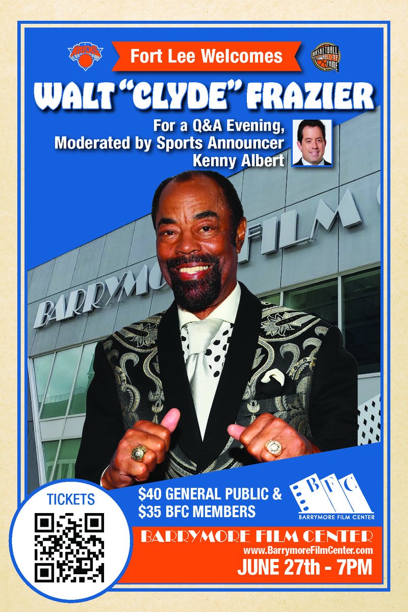 BarrymoreFilm's tweet photo. Come meet NBA legend, Walt 'Clyde' Frazier at the Barrymore Film Center, June 27th at 7pm!
https://t.co/IEuHxpfQrk
#BFCFTLEE #BARRYMORE #BARRYMOREFILMCENTER #FORTLEENJ #FORTLEEBARRYMORE #WALTFRAZIER #FRAZIER https://t.co/AxVI8YbebN